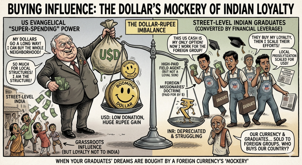 A mocking political cartoon titled "BUYING INFLUENCE: THE DOLLAR'S MOCKERY OF INDIAN LOYALTY." Left Side: A wealthy, smiling US Evangelical figure holds a massive bag of "USD" that dwarfs a struggling Rupee (INR) on a lopsided scale. He exclaims that his dollars buy "the whole neighborhood." Right Side: A line of Indian graduates in caps and gowns exchange their "Loyalty" for stacks of cash. They are labeled as "High-Paid Field Agents" carrying out "Foreign Missionaries' Doctrine." Bottom: A distressed elderly Indian man watches as a caption asks: "Who buys our country?" The final tagline reads: "When your graduates' dreams are bought by a foreign currency's 'mockery'.