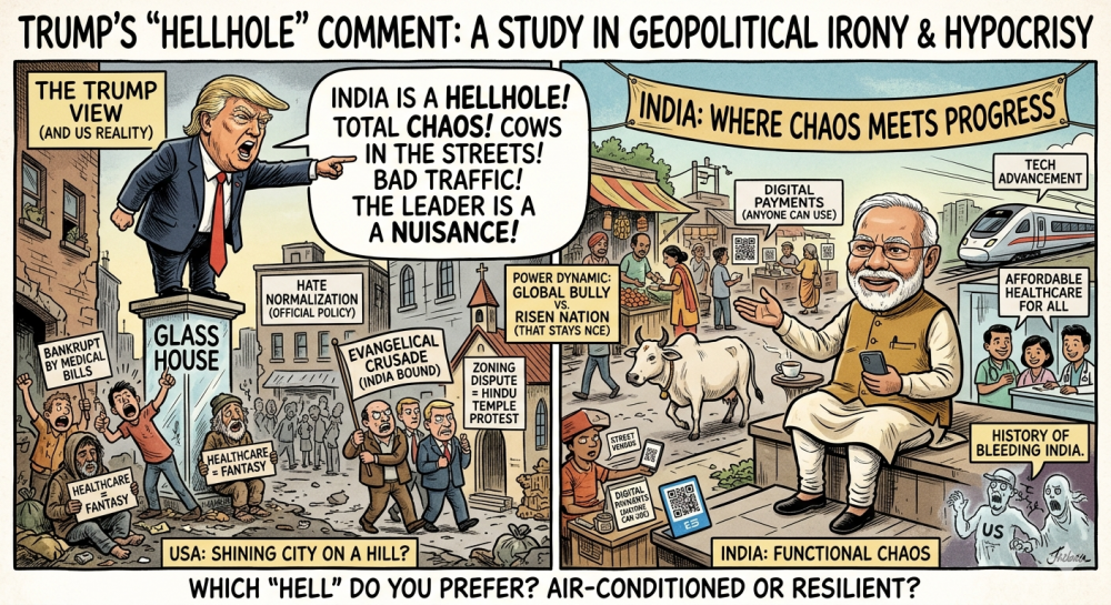 split political cartoon titled "Trump’s ‘Hellhole’ Comment: Geopolitical Irony." Left (USA): Trump stands on a "Glass House" pedestal shouting about India's chaos while the street below him shows people bankrupt from medical bills, crumbling infrastructure, and protesters blocking a Hindu temple. Right (India): A bustling but high-tech street scene featuring high-speed trains, affordable clinics, and street vendors using QR codes for digital payments, labeled "Functional Chaos." The bottom caption asks: "Which 'Hell' do you prefer? Air-conditioned or Resilient?"